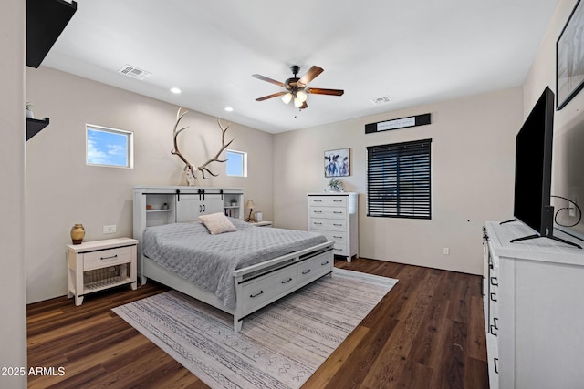 1008 E Mano Dr, New River, AZ 85087 - bedroom with recessed lighting, dark wood-style flooring, and ceiling fan