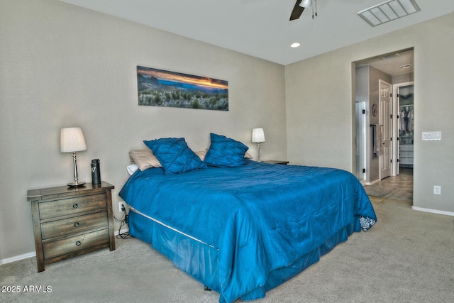 bedroom featuring ceiling fan, recessed lighting, visible vents, baseboards, and carpet