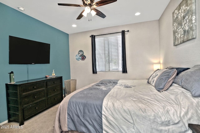 carpeted bedroom with ceiling fan and recessed lighting