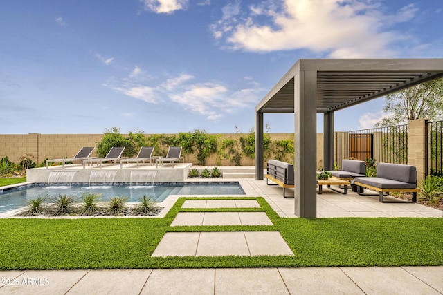 exterior space featuring a fenced in pool, a fenced backyard, and a patio