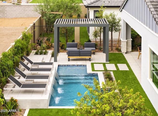 view of swimming pool with a fenced in pool, a patio, a lawn, an outdoor hangout area, and a fenced backyard