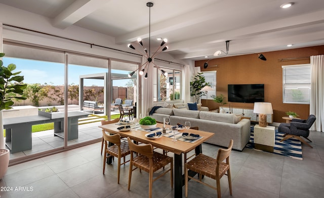 dining space with plenty of natural light, beamed ceiling, recessed lighting, and light tile patterned floors