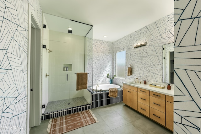 1427 E Cherrywood Pl, Chandler, AZ 85249 - full bathroom with a shower stall, a bath, vanity, tile patterned floors, and tile walls