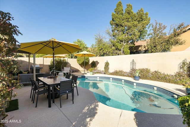 view of pool featuring a fenced in pool, outdoor dining area, a fenced backyard, and a patio