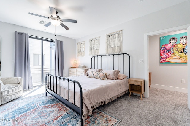 bedroom featuring ceiling fan, light colored carpet, and access to exterior