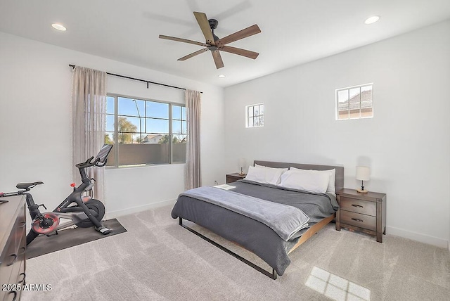 bedroom featuring ceiling fan, baseboards, carpet flooring, and recessed lighting