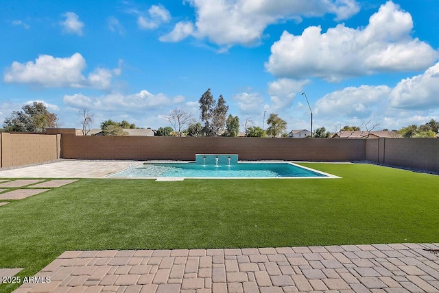 exterior space with a patio area, a fenced backyard, a fenced in pool, and a yard