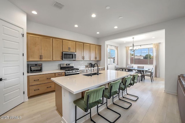 kitchen featuring appliances with stainless steel finishes, light wood-type flooring, a sink, and tasteful backsplash