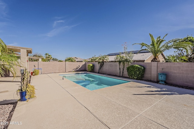 view of pool featuring a fenced backyard, a fenced in pool, and a patio