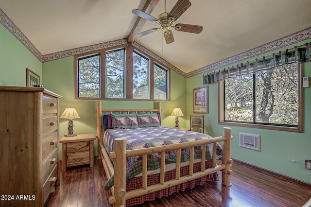 bedroom with ceiling fan, vaulted ceiling with beams, and hardwood / wood-style floors