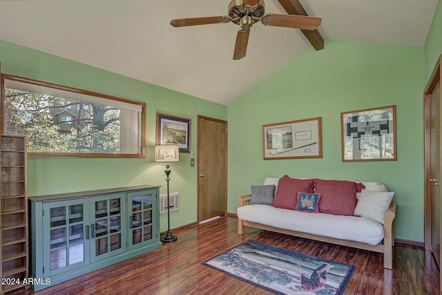 living room with beam ceiling, high vaulted ceiling, dark hardwood / wood-style floors, and ceiling fan