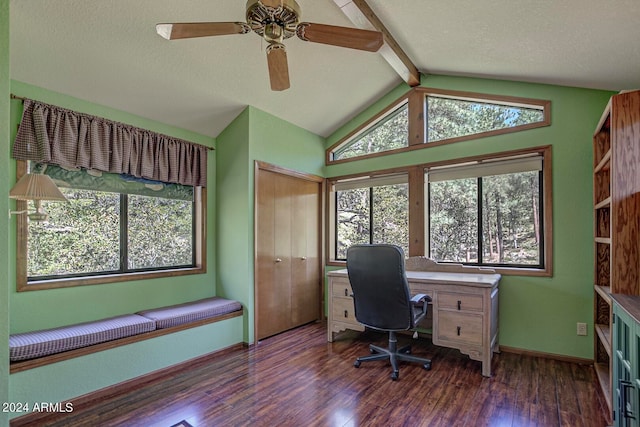 office featuring a textured ceiling, lofted ceiling with beams, ceiling fan, and dark hardwood / wood-style floors