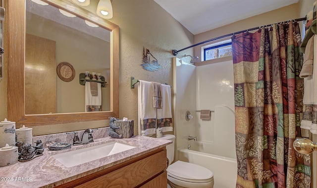 full bathroom with shower / bath combination with curtain, toilet, and vanity