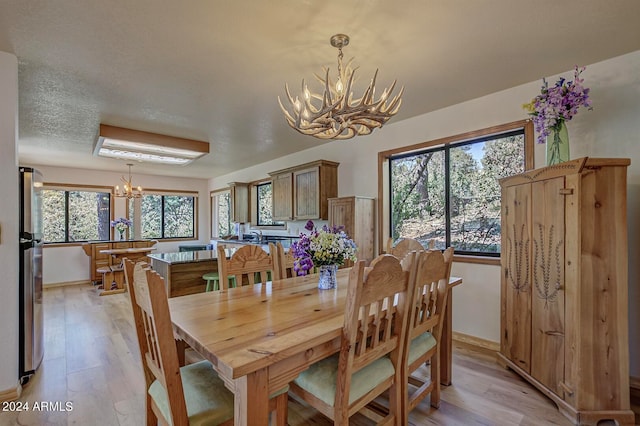 dining space featuring a healthy amount of sunlight, a chandelier, a textured ceiling, and light wood-type flooring