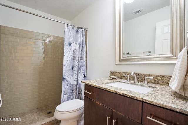 bathroom featuring a shower with curtain, vanity, and toilet