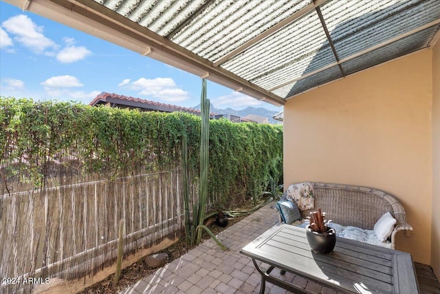 view of patio with a mountain view