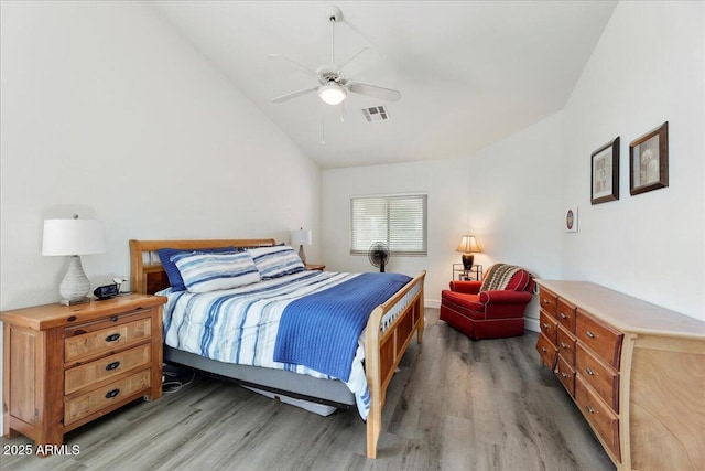 462 W Myrtle Dr, Chandler, AZ 85248 - bedroom featuring light wood-style floors, vaulted ceiling, and ceiling fan