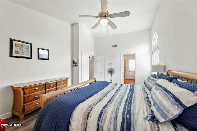 462 W Myrtle Dr, Chandler, AZ 85248 - bedroom featuring wood finished floors, a towering ceiling, baseboards, ensuite bath, and ceiling fan
