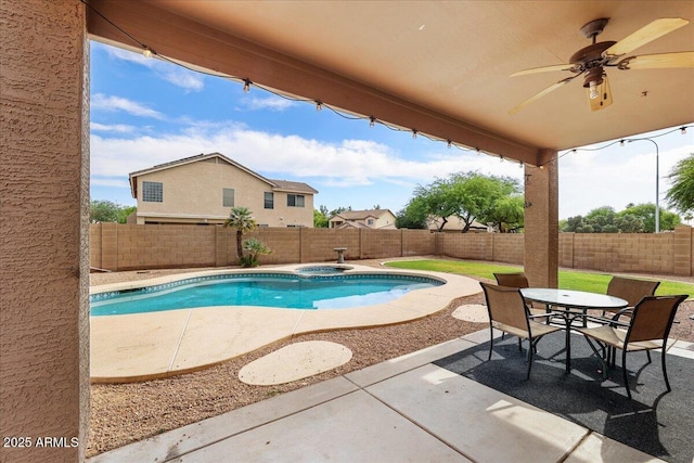 462 W Myrtle Dr, Chandler, AZ 85248 - view of pool with a patio area, a ceiling fan, a fenced backyard, and a pool with connected hot tub