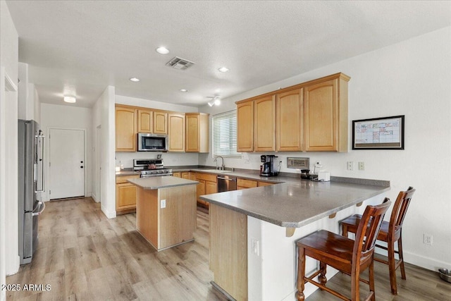 462 W Myrtle Dr, Chandler, AZ 85248 - kitchen featuring stainless steel appliances, a sink, a peninsula, light wood-style flooring, and a breakfast bar area