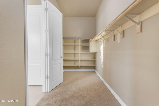 spacious closet featuring light carpet