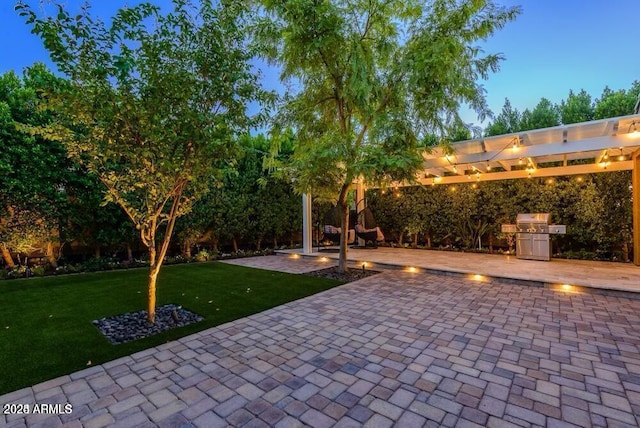 view of patio with grilling area and a pergola