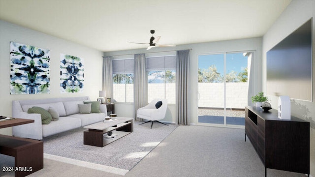 living room with ceiling fan and light colored carpet