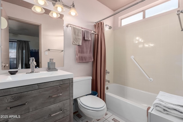 1409 S Revere, Mesa, AZ 85210 - full bathroom featuring vanity, shower / bathtub combination with curtain, toilet, and tile patterned floors