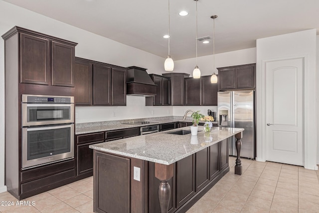 11122 E Tripoli Ave, Mesa, AZ 85212 - kitchen with appliances with stainless steel finishes, custom range hood, light tile patterned flooring, dark brown cabinets, and light stone counters