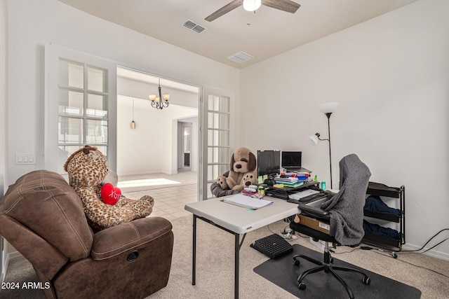 11122 E Tripoli Ave, Mesa, AZ 85212 - home office with ceiling fan, a chandelier, and carpet flooring