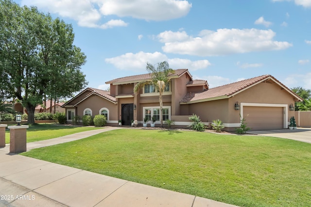 4735 E Harmony Cir, Mesa, AZ 85206 - mediterranean / spanish house with a front lawn, driveway, a garage, and stucco siding