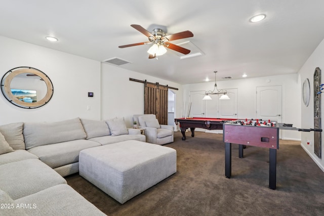 4735 E Harmony Cir, Mesa, AZ 85206 - recreation room with ceiling fan, recessed lighting, dark carpet, a barn door, and billiards