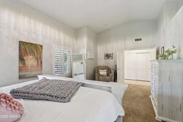 4735 E Harmony Cir, Mesa, AZ 85206 - bedroom featuring carpet floors and high vaulted ceiling