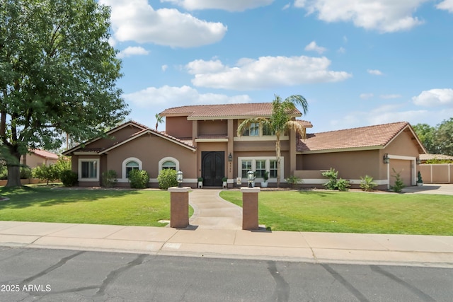 4735 E Harmony Cir, Mesa, AZ 85206 - mediterranean / spanish-style home with stucco siding, a tile roof, a front yard, and a garage
