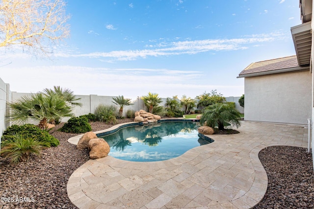 view of swimming pool with a patio area, a fenced backyard, and a fenced in pool