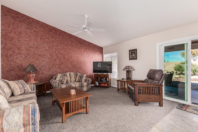 living room with ceiling fan and carpet floors