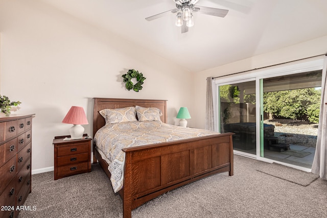 bedroom featuring access to outside, ceiling fan, carpet flooring, and lofted ceiling