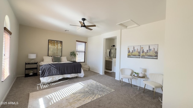 carpeted bedroom with ceiling fan and connected bathroom