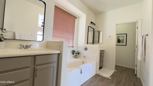 bathroom featuring vanity, hardwood / wood-style floors, and a washtub