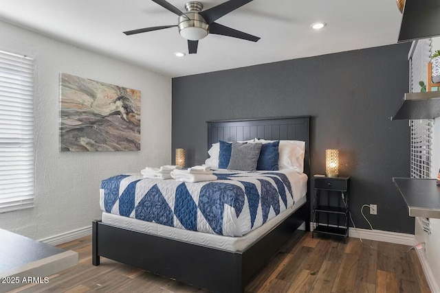 7625 E Camelback Rd Unit 310B, Scottsdale, AZ 85251 - bedroom with wood finished floors, baseboards, recessed lighting, and ceiling fan