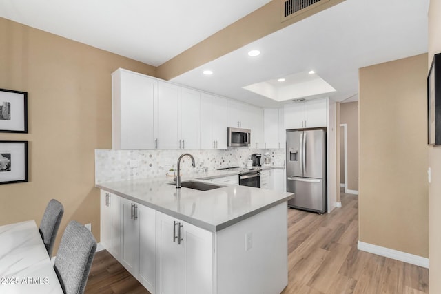 kitchen featuring kitchen peninsula, appliances with stainless steel finishes, white cabinetry, and sink