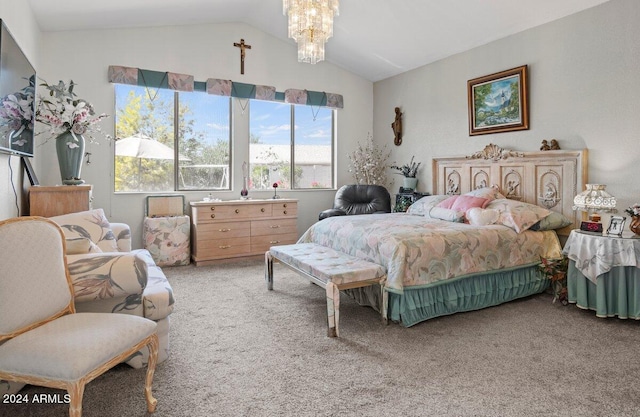 carpeted bedroom with lofted ceiling and a chandelier