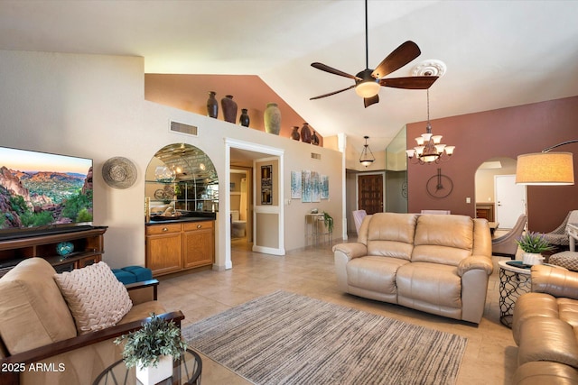 18780 N 94th Ave, Peoria, AZ 85382 - living area featuring ceiling fan, arched walkways, high vaulted ceiling, light tile patterned floors, and a chandelier