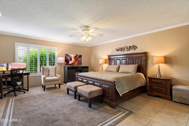 18780 N 94th Ave, Peoria, AZ 85382 - bedroom with crown molding, a desk, a textured ceiling, light tile patterned flooring, and a ceiling fan