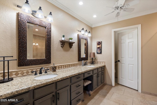 18780 N 94th Ave, Peoria, AZ 85382 - full bath with a ceiling fan, double vanity, tile patterned floors, ornamental molding, and a textured wall