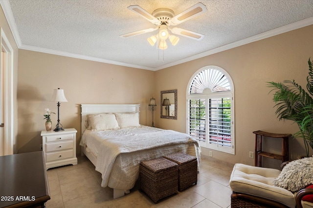 18780 N 94th Ave, Peoria, AZ 85382 - bedroom featuring light tile patterned flooring, a textured ceiling, crown molding, and ceiling fan