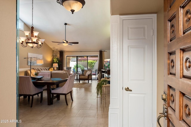 18780 N 94th Ave, Peoria, AZ 85382 - dining area featuring ceiling fan, a chandelier, light tile patterned floors, and vaulted ceiling
