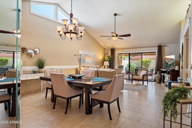 18780 N 94th Ave, Peoria, AZ 85382 - dining room with a ceiling fan, a chandelier, light tile patterned floors, and high vaulted ceiling
