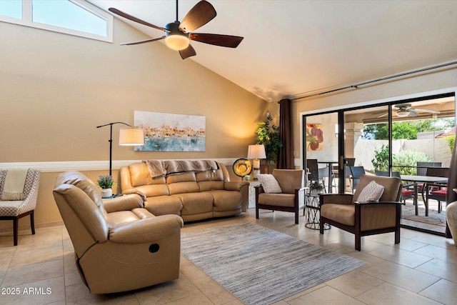 18780 N 94th Ave, Peoria, AZ 85382 - living room with ceiling fan, healthy amount of natural light, high vaulted ceiling, and light tile patterned floors