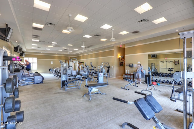 exercise room featuring carpet floors and a paneled ceiling